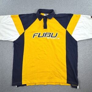 Vintage FUBU Rugby Polo Shirt Men's 2XL Yellow Blue Colorblock Short Sleeve 90s